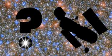 A silhouette of Hubble floats over a star cluster, a question mark is on the left with a star in the dot. 