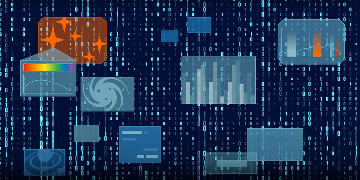 An illustration showing multiple semi-transparent screens with data against a navy background with columns of faint zeroes and ones, binary code.